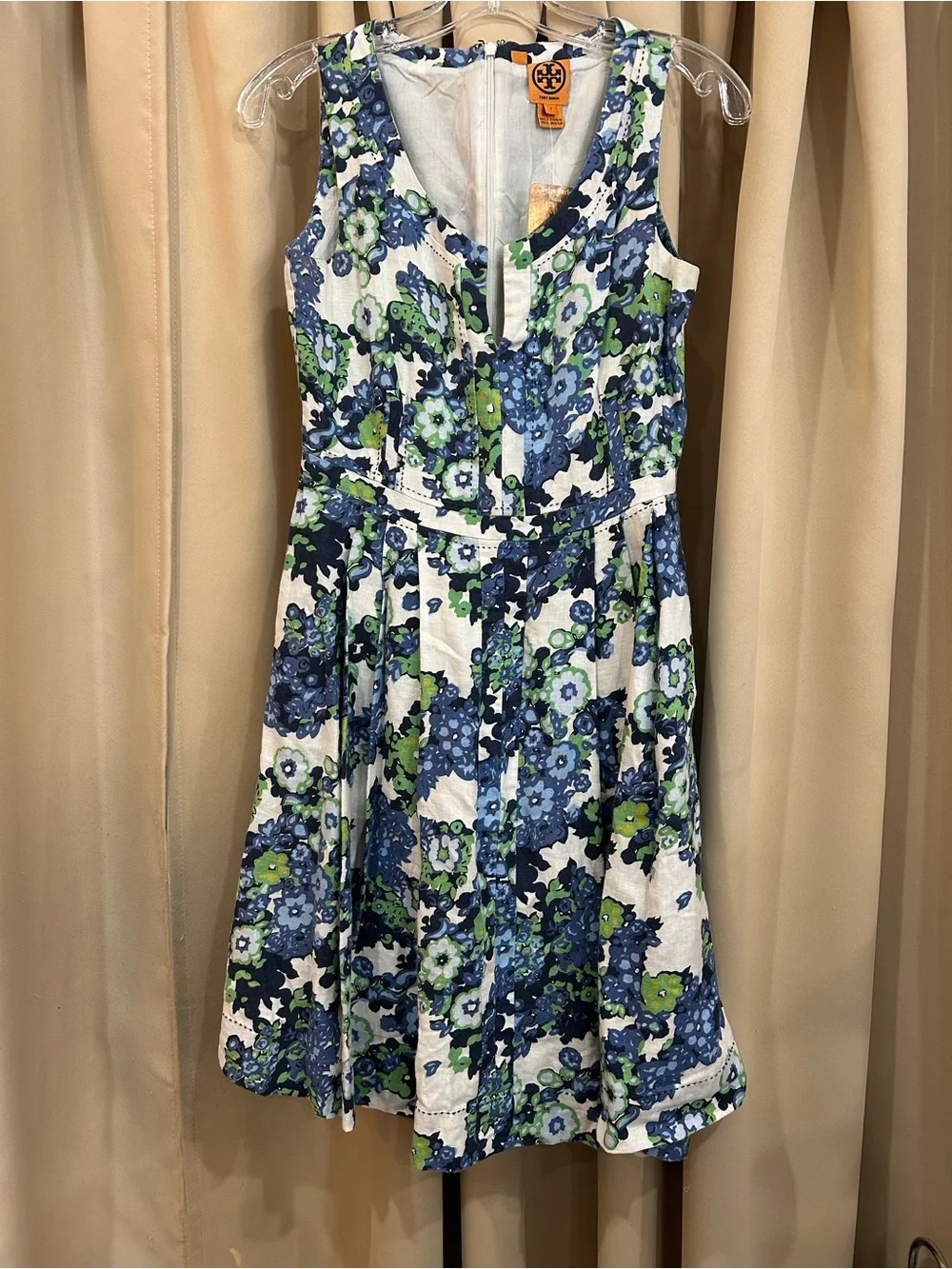 Tory Burch White Sleeveless Floral Fit-and-Flare Dress with Blue & Green Print